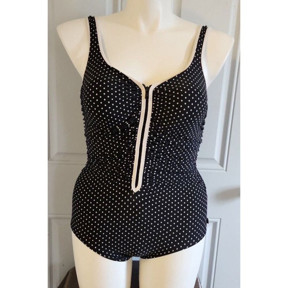 Reebok Women's Zip Front Ruched One-Piece Swimsuit‎ Black/White Polka Dot Size 8
